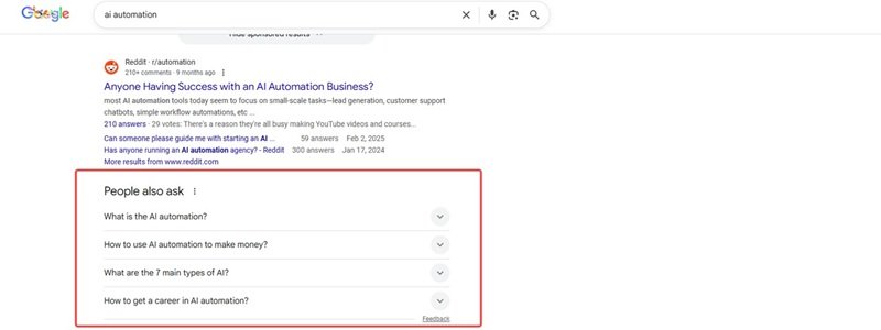 Google search results show people also ask box with common questions about AI automation