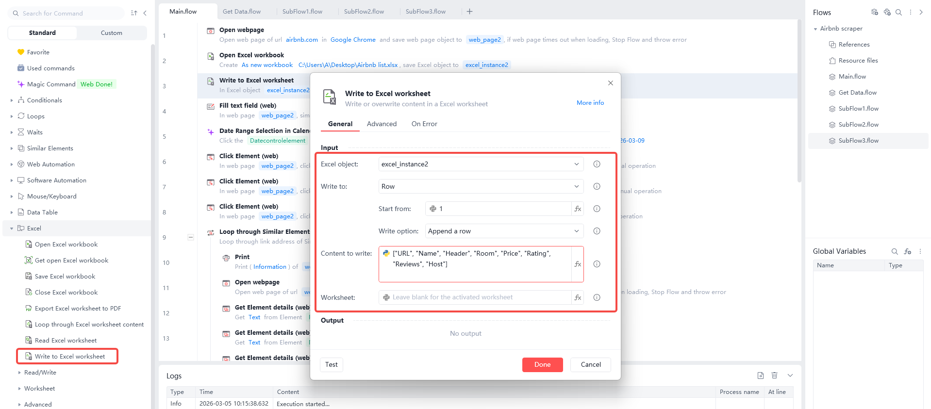 Configuring the 'Write to Excel worksheet' command in Automa to append scraped data—including price, rating, and host—into organized columns.