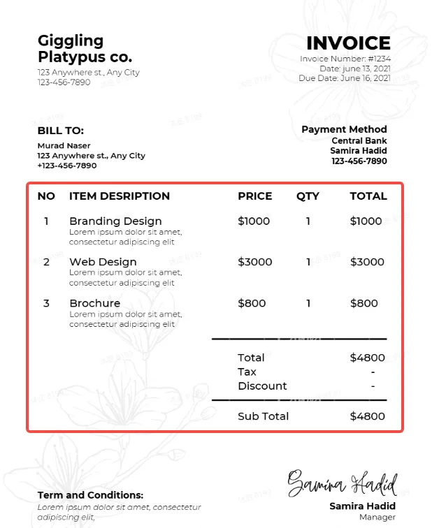 Invoice shows line item and tax breakdown