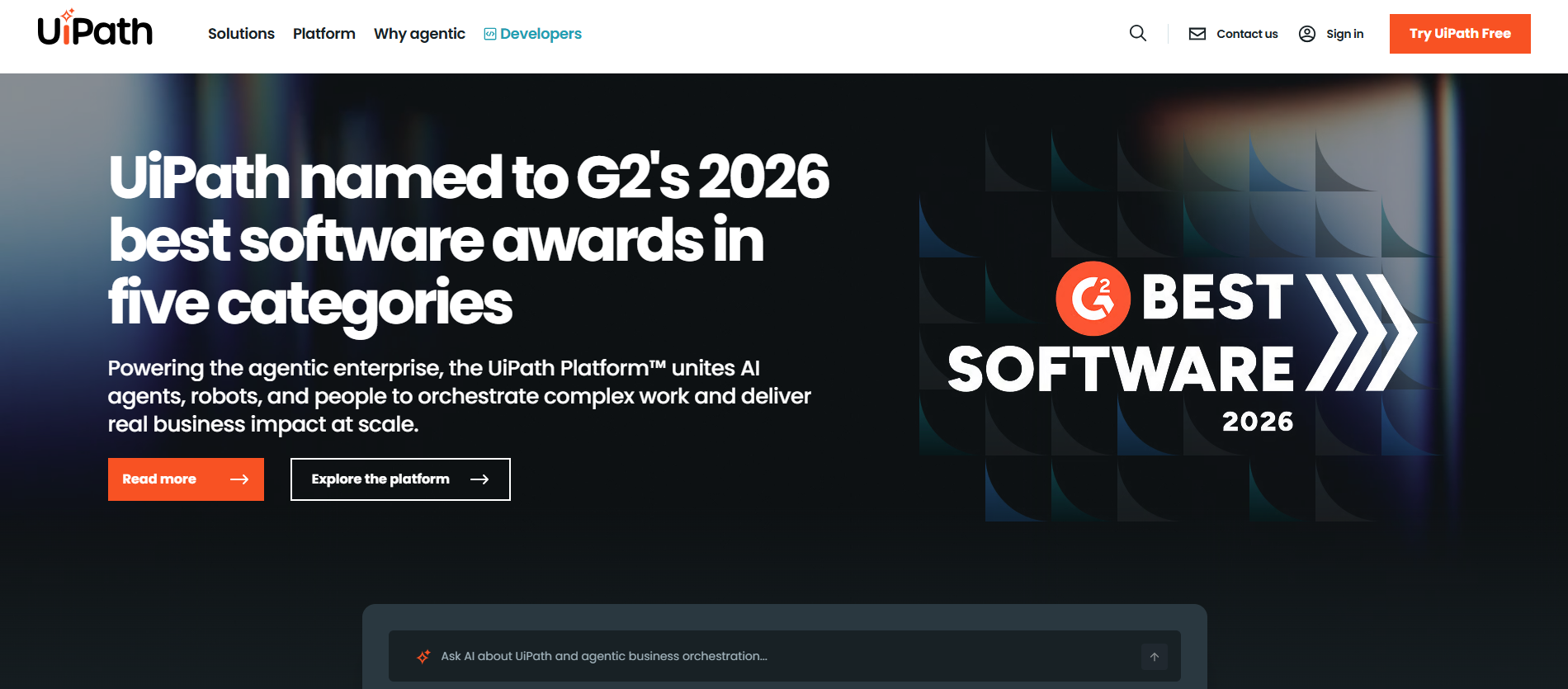 UiPath platform featured as a 2026 G2 best software winner and a top-rated Blue Prism alternative.