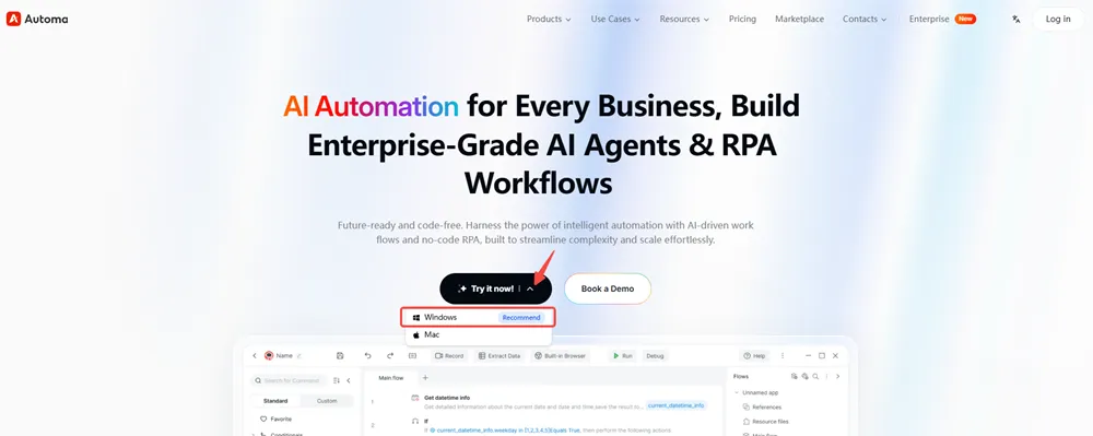 Automa AI automation website homepage screenshot highlighting windows download option