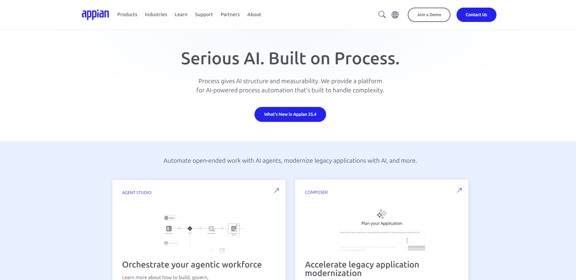 Appian platform interface featuring Agent Studio for orchestrating an agentic workforce, a competitive edge for top RPA vendors.