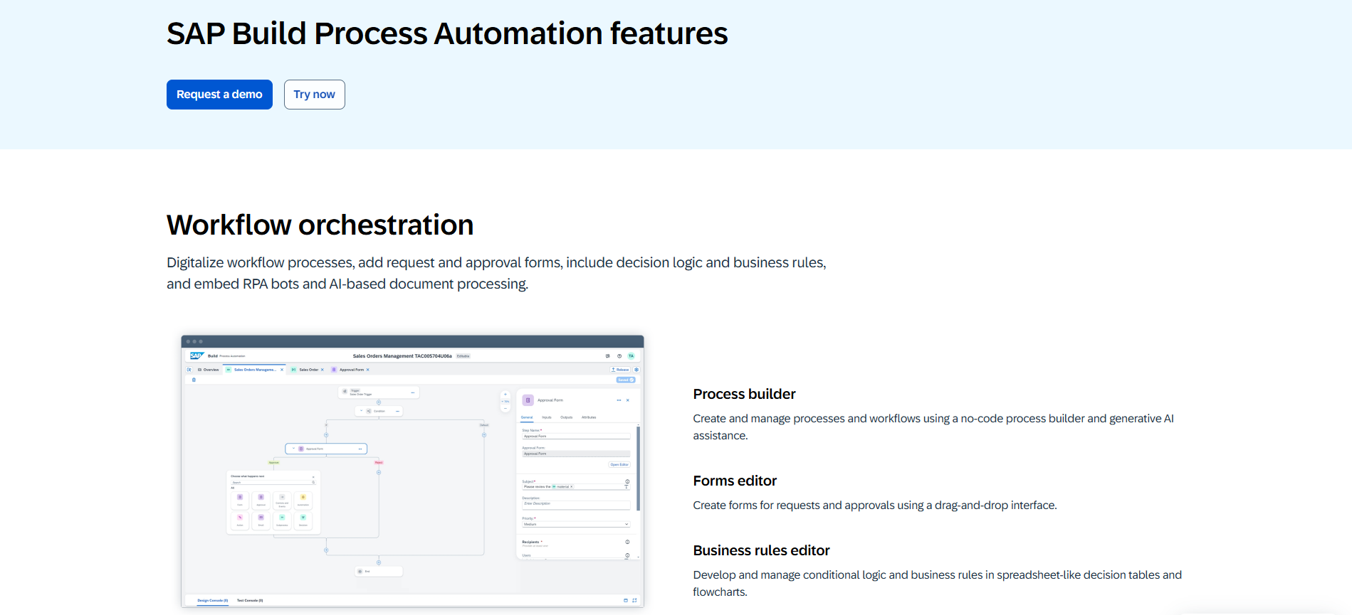 SAP Build Process Automation features including no-code process builder and workflow orchestration from a top RPA vendor.