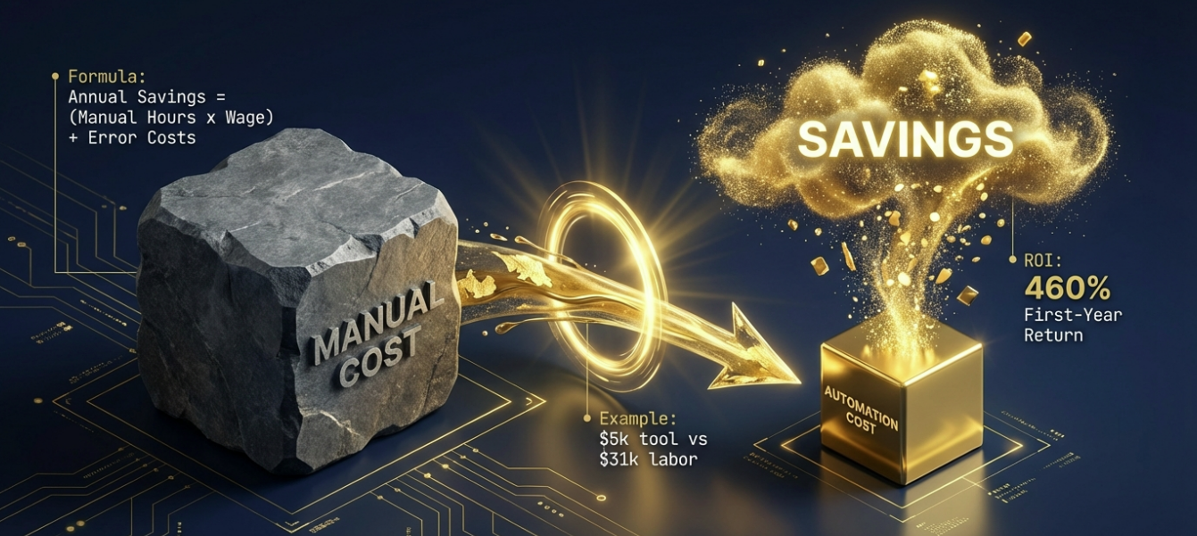 Infographic showing the formula for annual savings and ROI calculation for erp automation projects.