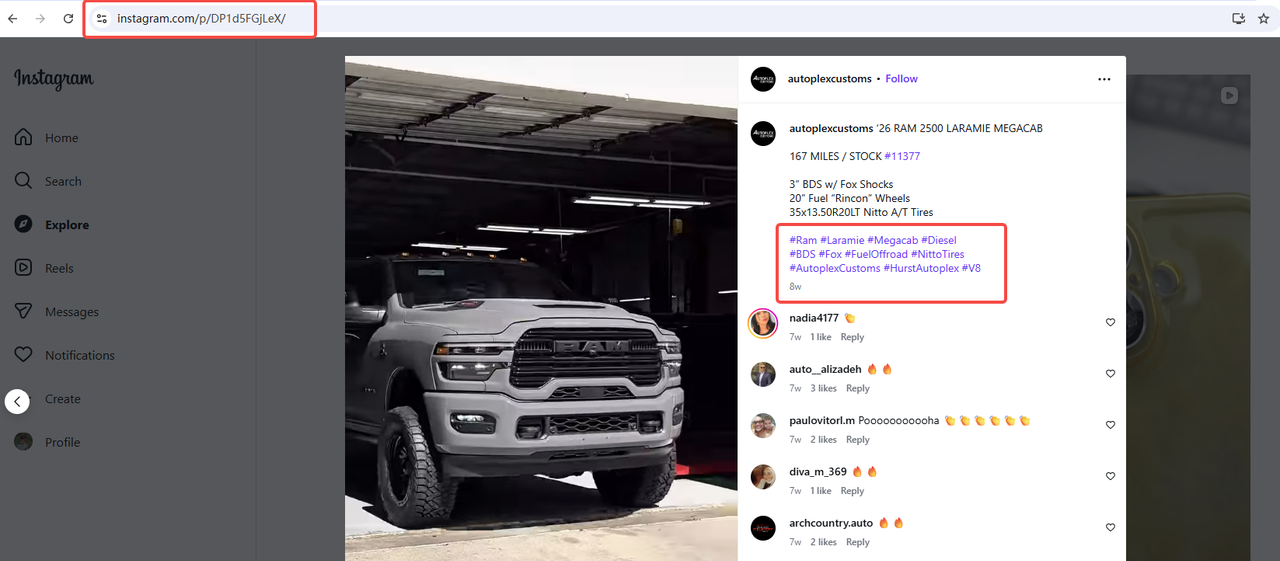 Instagram post showing a custom gray Ram 2500 Laramie Mega Cab truck