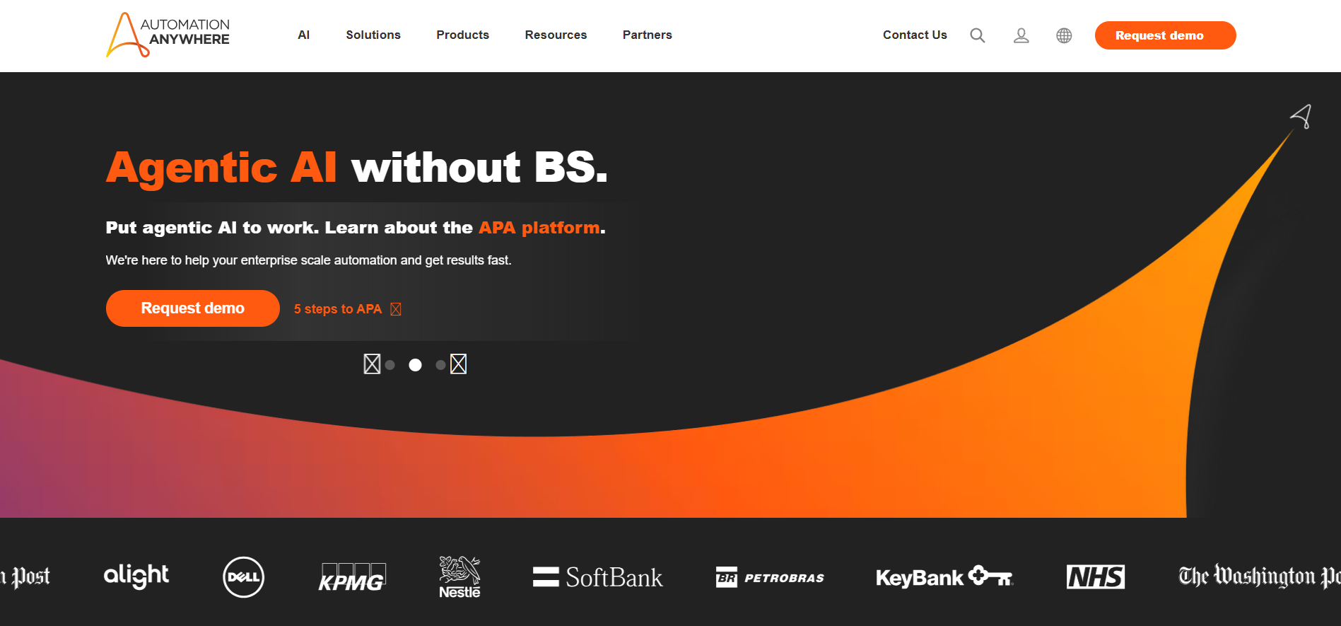 The homepage of Automation Anywhere, a top RPA vendor, showcasing their Agentic AI and APA platform for enterprise-scale results.