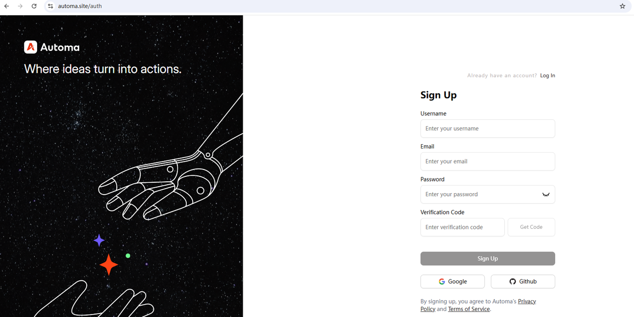 Automa sign up page for workflow automation and AI agents