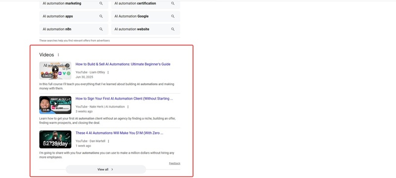 Youtube videos on Google search results