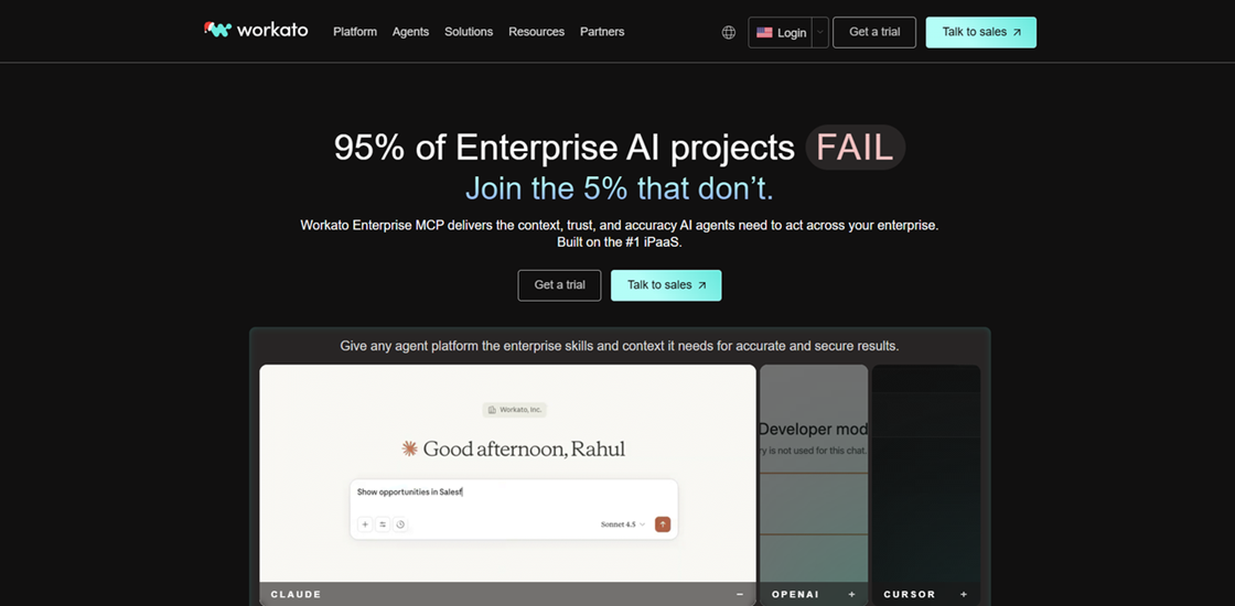 Workato enterprise AI agent platform and iPaaS, a robust and high-security Zapier alternative for large corporations.
