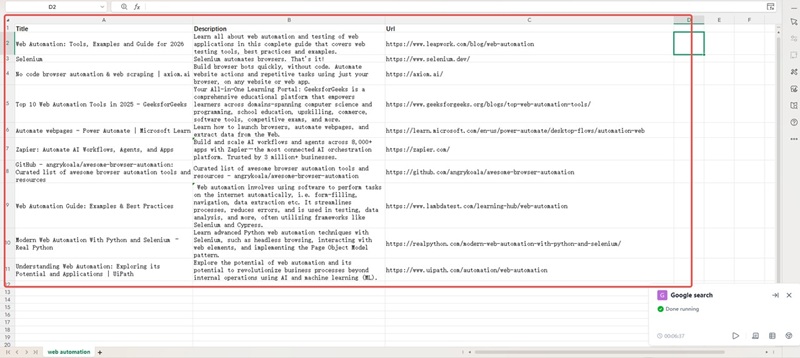 Excel spreadsheet listing top 10 web automation tools descriptions and URLs