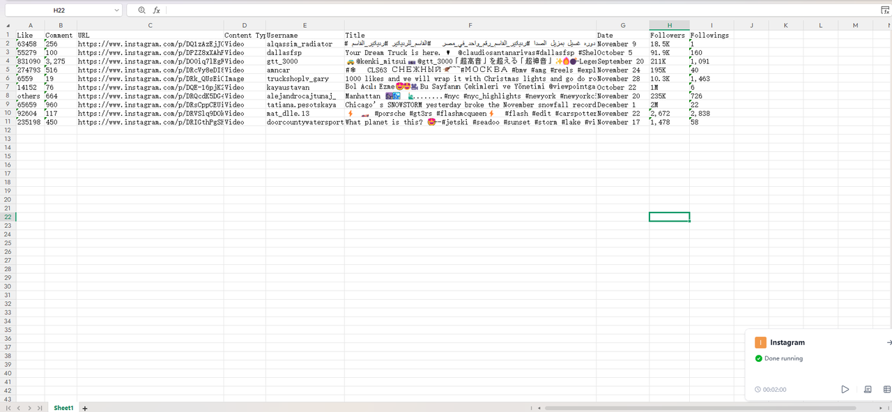 Spreadsheet showing scraped Instagram data: likes, URL, followers, and content type