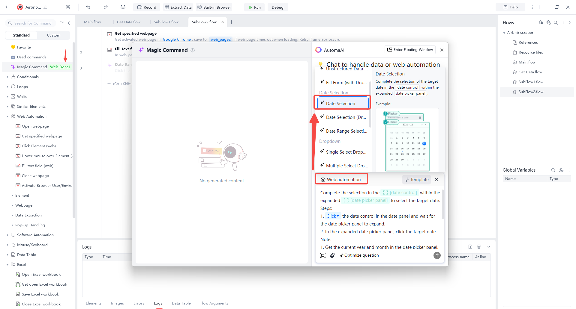 Using the Automa AI Magic Command feature to automatically handle complex date selection for Airbnb scraping.