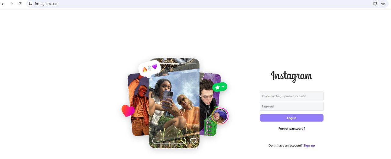 Instagram login page with phone screen showing diverse user photos