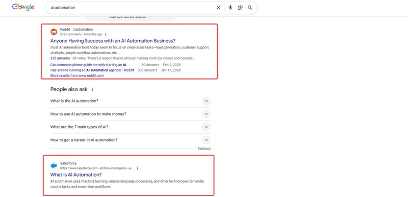 Google SERP showing organic results of AI automation