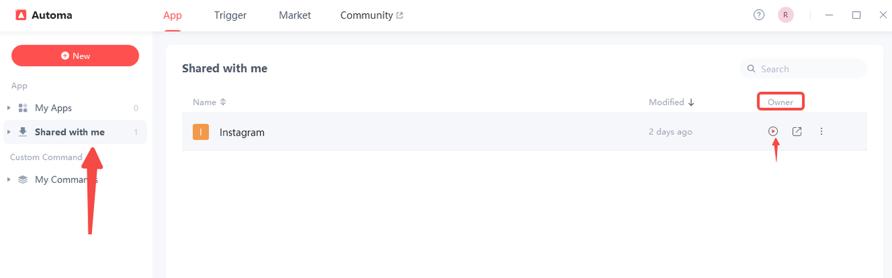 Automa 'Shared with me' screen highlighting a shared Instagram automation command