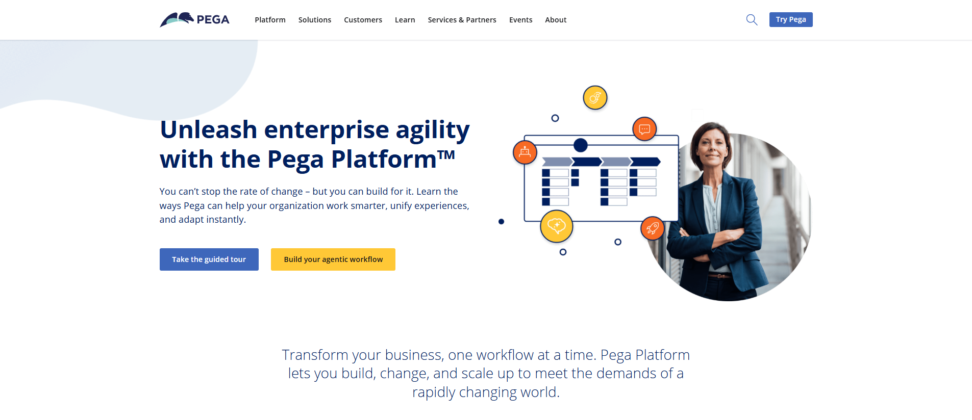 Pega Platform homepage featuring agentic workflow solutions for enterprise agility, a key offering from top RPA vendors.