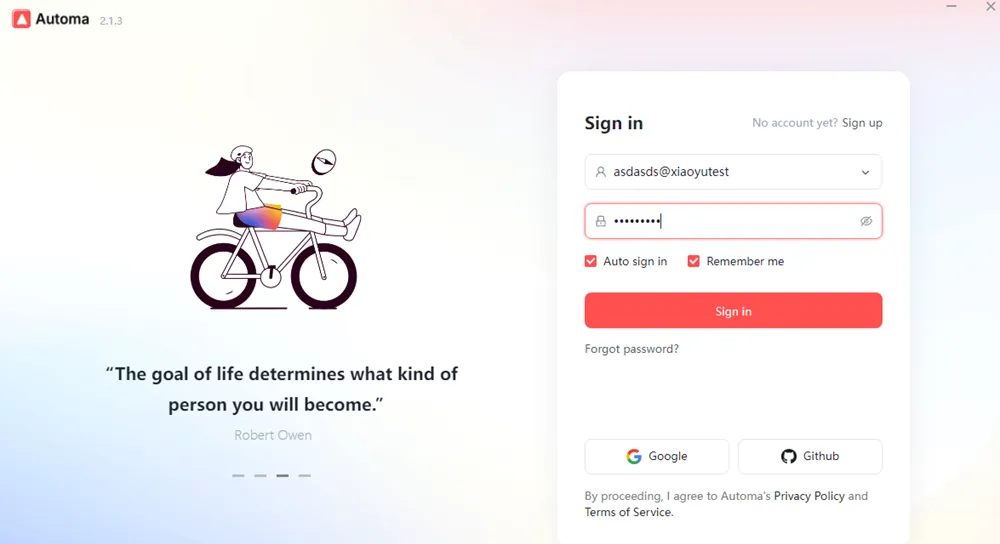 Automa RPA software sigh in screen with fields for login Google and Github access