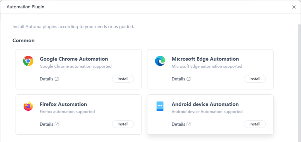 Automa Automation Plugin installation screen for Chrome, Edge, Firefox, and Android
