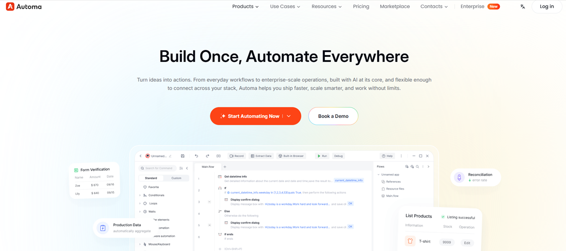 Automa dashboard for building workflows as a lightweight UiPath alternative.