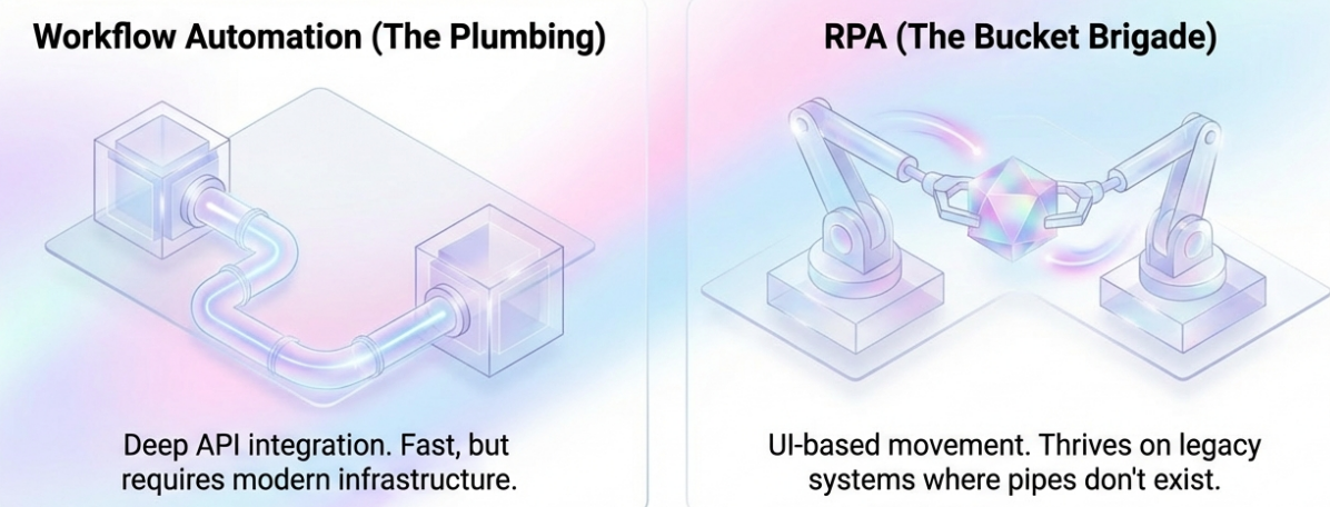 Comparison of Workflow Automation via API and RPA UI-based movement for legacy systems.