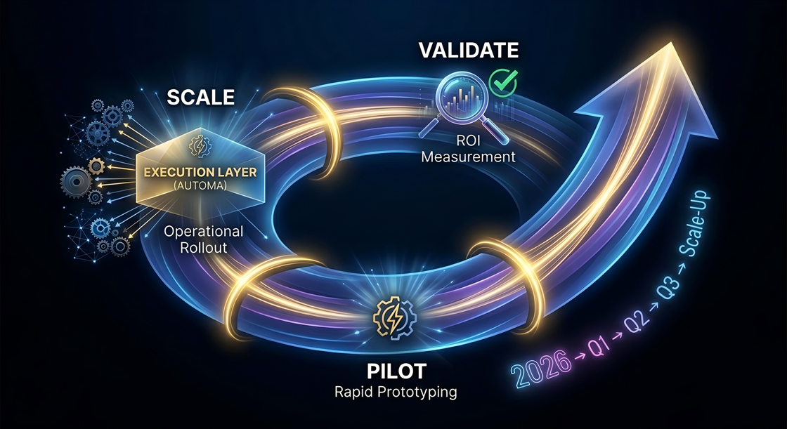 Automa Pilot-as-a-Service strategic cycle: Pilot, Validate, and Scale workflow for rapid enterprise AI ROI in 2026.