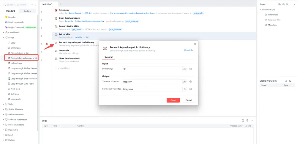 Add for each key value pair dictionary to the editor from loops section