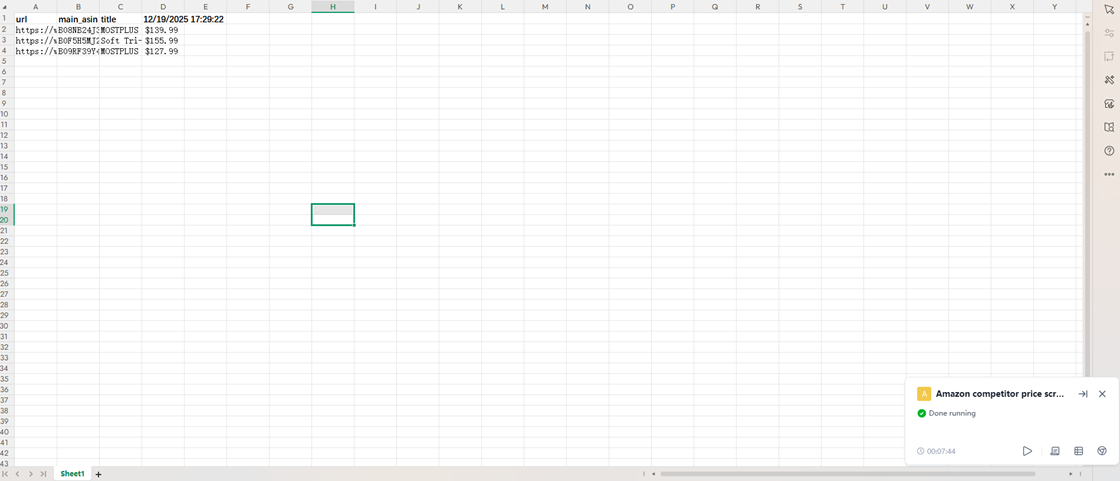 Excel spreadsheet results showing successful scraping prices from websites.
