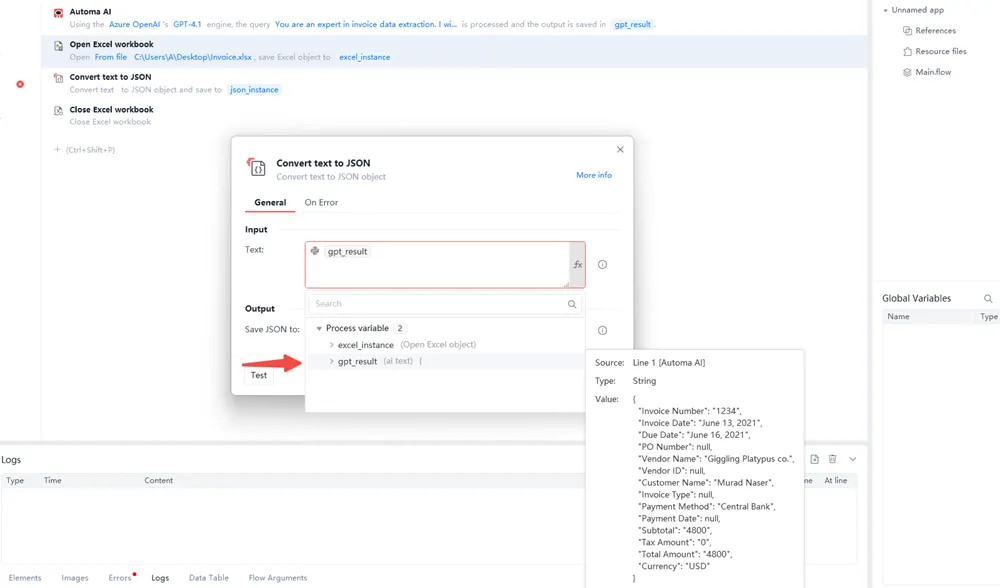 Automa AI data extraction flow converting text to JSON to choose GPT result file