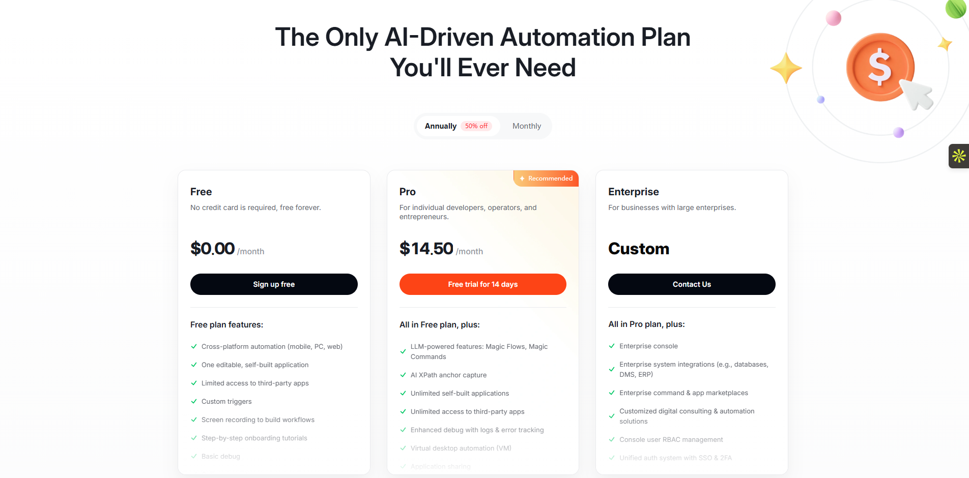 Pricing tiers for an AI-driven automation platform Automa and Power Automate alternative, featuring Free, Pro, and Enterprise plans.