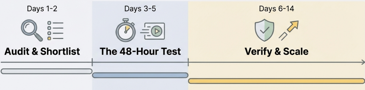 A 14-day roadmap for selecting the best RPA software, featuring stages for audit, a 48-hour test, and scaling