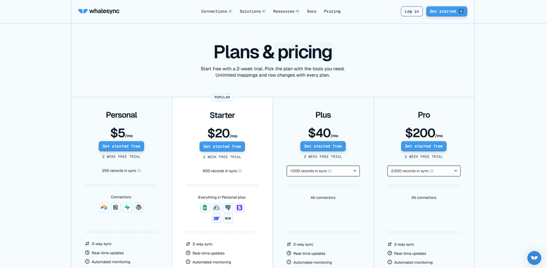 Whalesync pricing tiers for real-time 2-way sync between apps and databases, a specialized Zapier alternative for data sync.