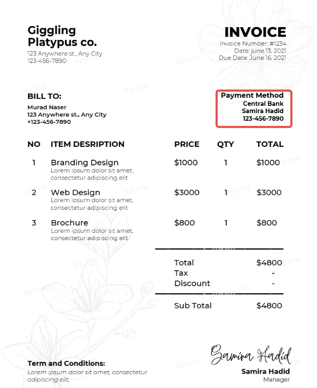 Invoice shows payments terms and methods