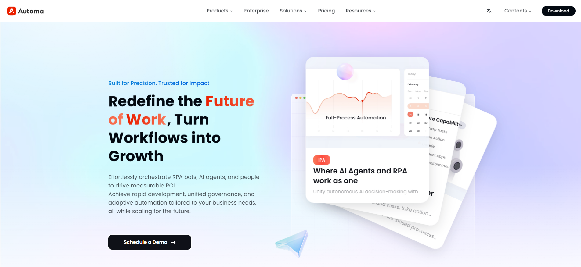 Automa platform homepage showcasing the future of work where AI agents and RPA work together for measurable ROI.