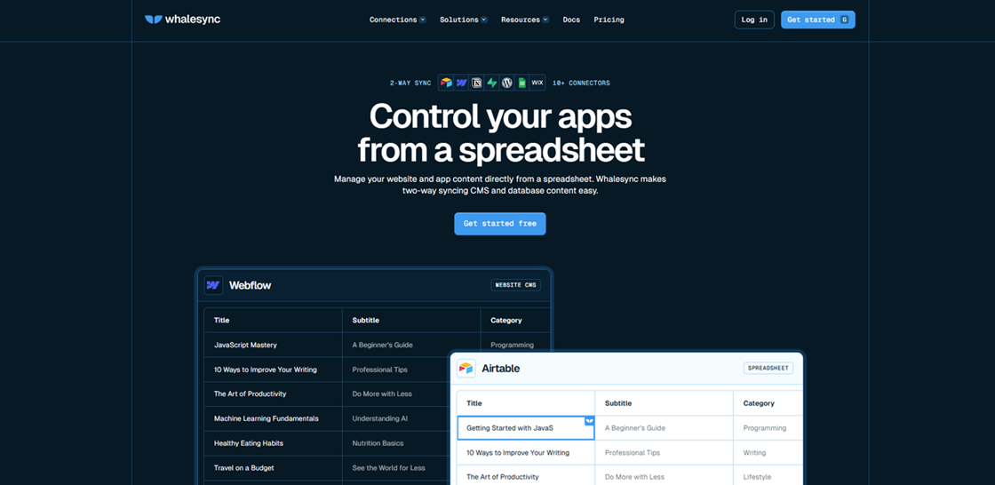 Whalesync dashboard to control apps and CMS from a spreadsheet via 2-way sync, a unique Zapier alternative for content teams.
