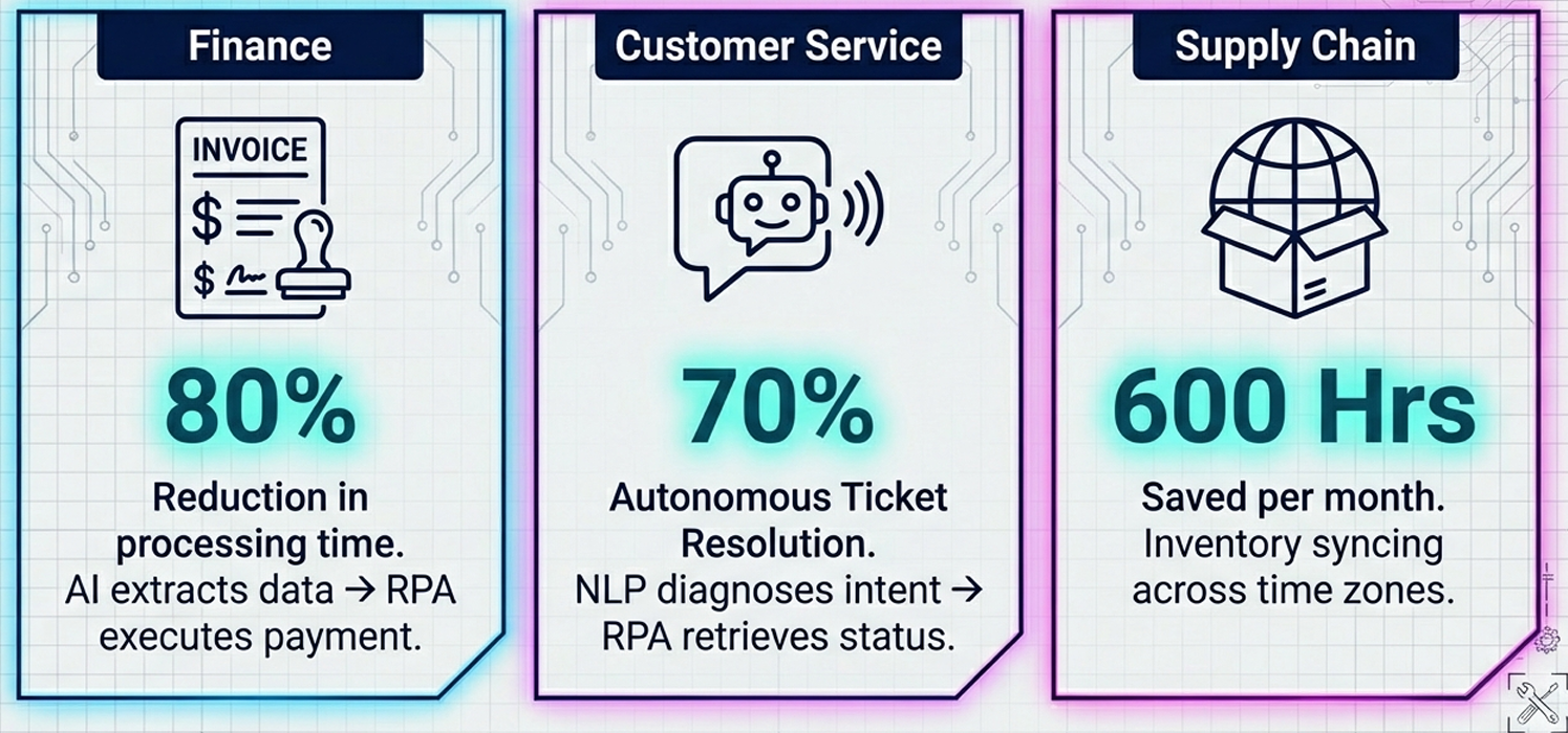 rpa vs intelligent automation use cases across finance customer service and supply chain showing efficiency gains and autonomous workflows