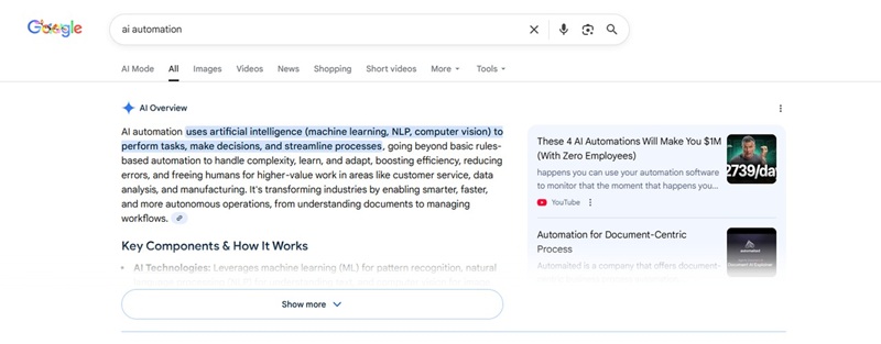 Google AI automation overview snippet