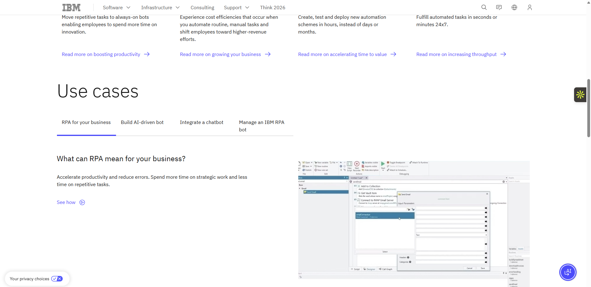 IBM RPA use cases for building AI-driven bots, providing a reliable alternative to Blue Prism.