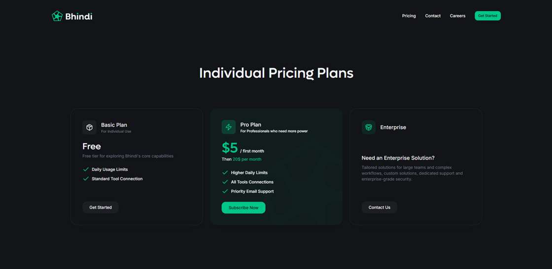 Bhindi individual pricing plans featuring a free tier for exploring core automation capabilities as a Zapier alternative.