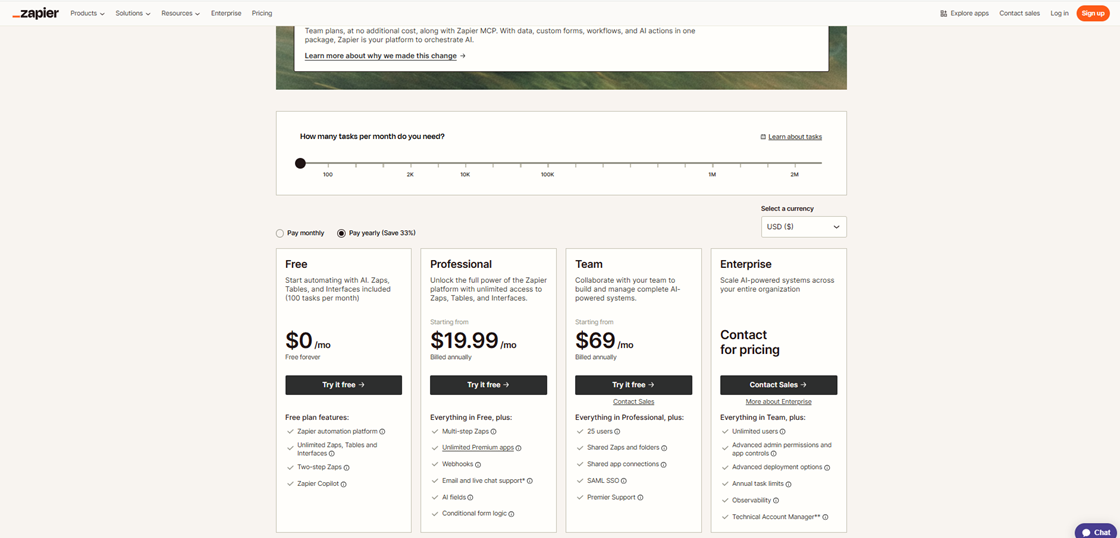 Zapier task-based pricing structure for teams evaluating a UiPath alternative.
