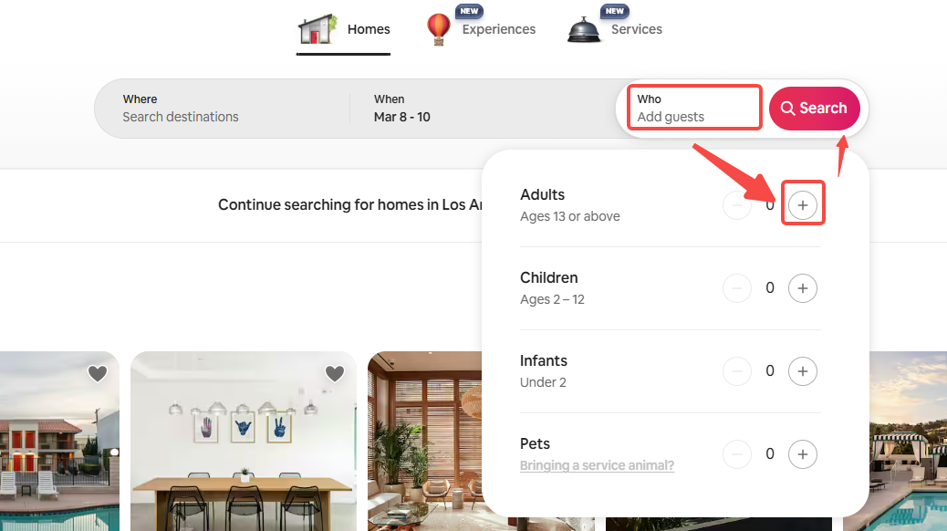 Automating the guest count on Airbnb by targeting the plus button to add adults to the search criteria during a web scraping workflow.