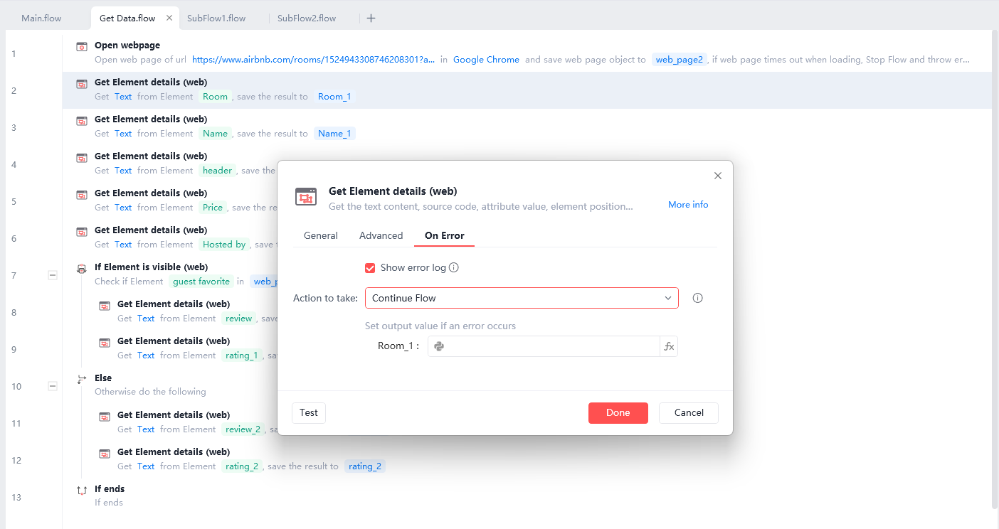 Configuring 'On Error' settings in Automa to 'Continue Flow' if an element like a room rating is missing during Airbnb data scraping.