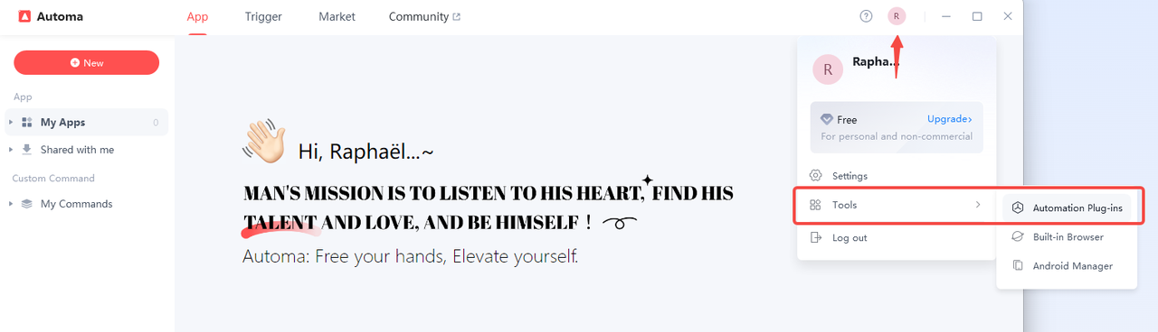 Automa dashboard screenshot showing the menu path to 'Automation Plug-ins'