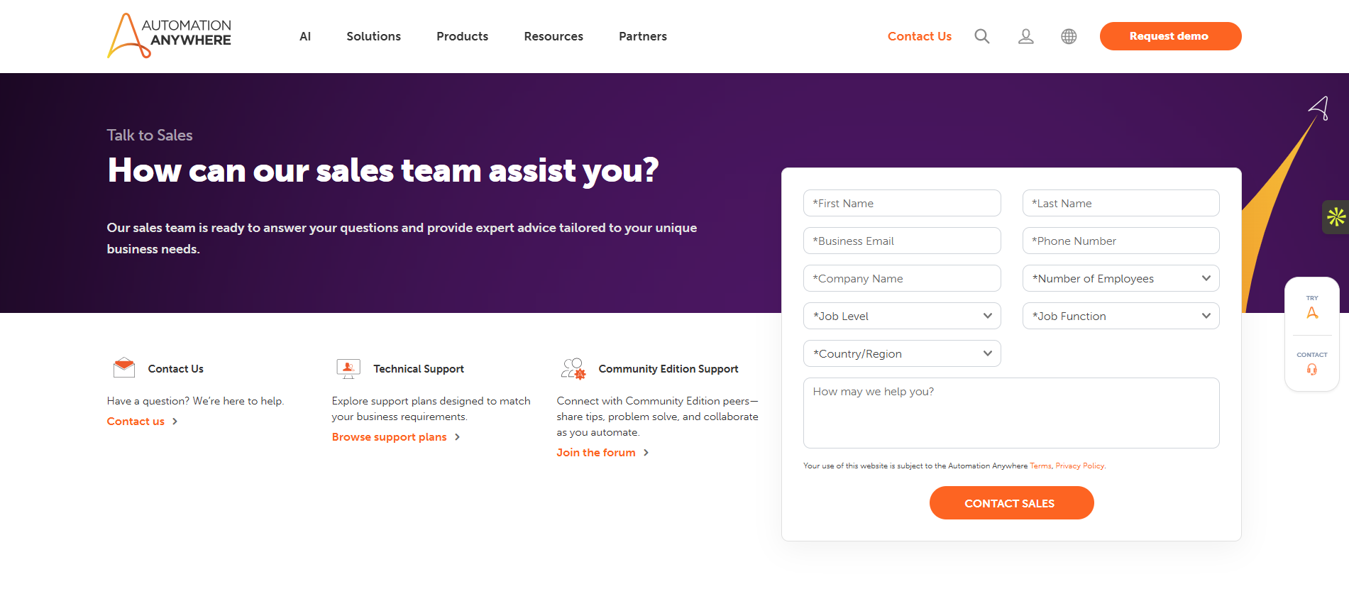 Automation Anywhere contact page for high-end power automate alternatives.