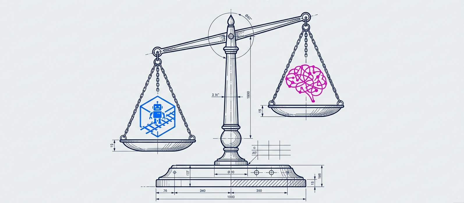 Scale comparing rpa vs intelligent automation risks: Rigid RPA maintenance hell vs Overpriced AI overspending. Highlights the financial impact of choice.