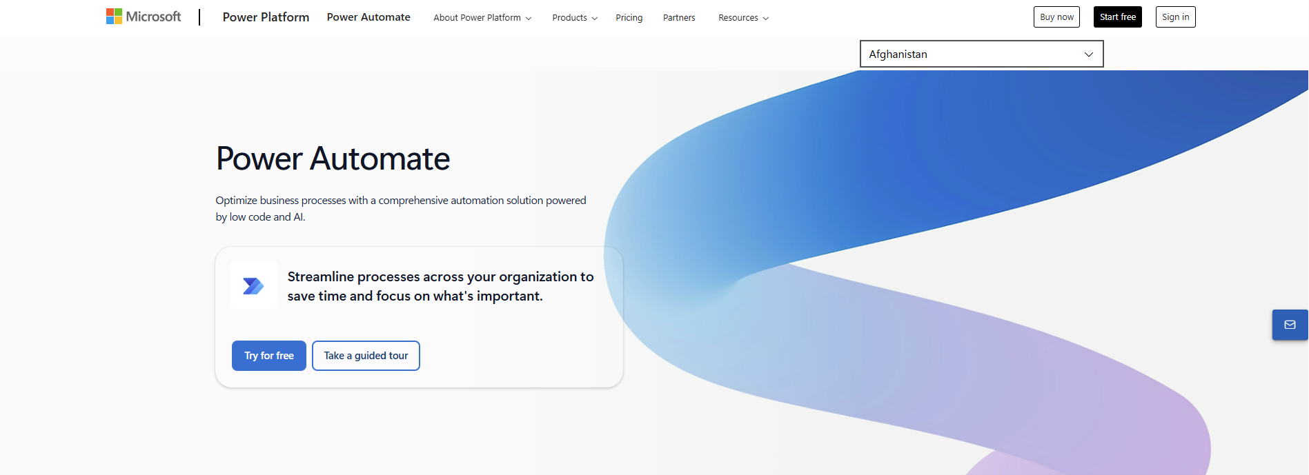 Microsoft Power Automate homepage showcasing low-code AI business process optimization as a top-tier automation anywhere alternative