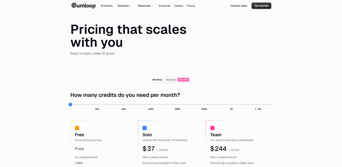 Gumloop flexible pricing based on monthly credits, offering a scalable Solo and Team plan as a Zapier alternative.