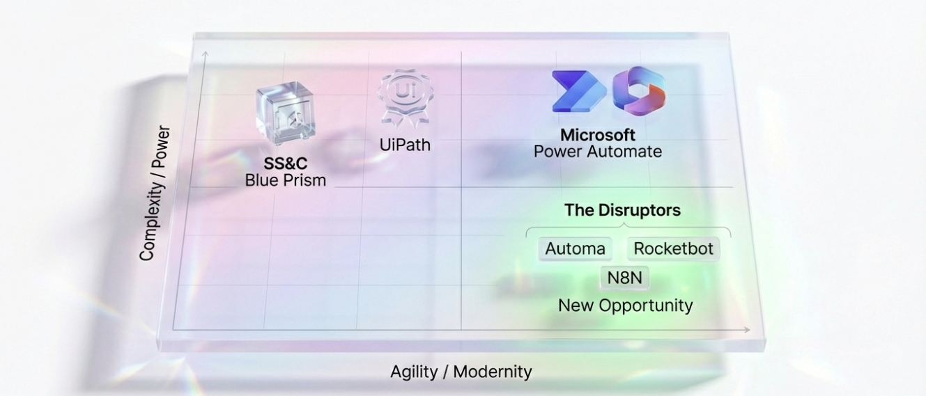 Market matrix plotting automation anywhere alternatives like Automa and Rocketbot as high-agility disruptors compared to legacy RPA.
