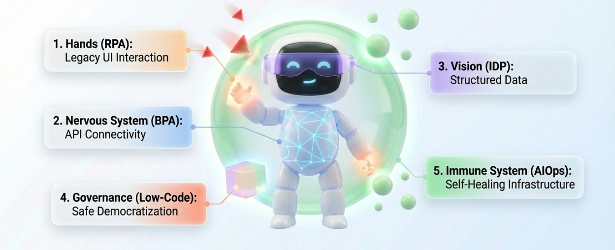 A holistic map of a software automation ecosystem featuring RPA for UI, BPA for connectivity, IDP for vision, and AIOps for self-healing infrastructure