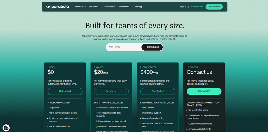 Parabola business pricing tiers for teams of every size, a scalable AI-powered workflow platform and Zapier alternative.