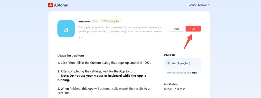 Automa App details page with the get button selected